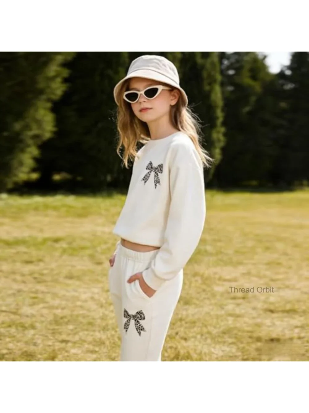 Tween Girls Long Sleeve Graphic Sweatshirt + Bow Knot Pants 2 Piece Set